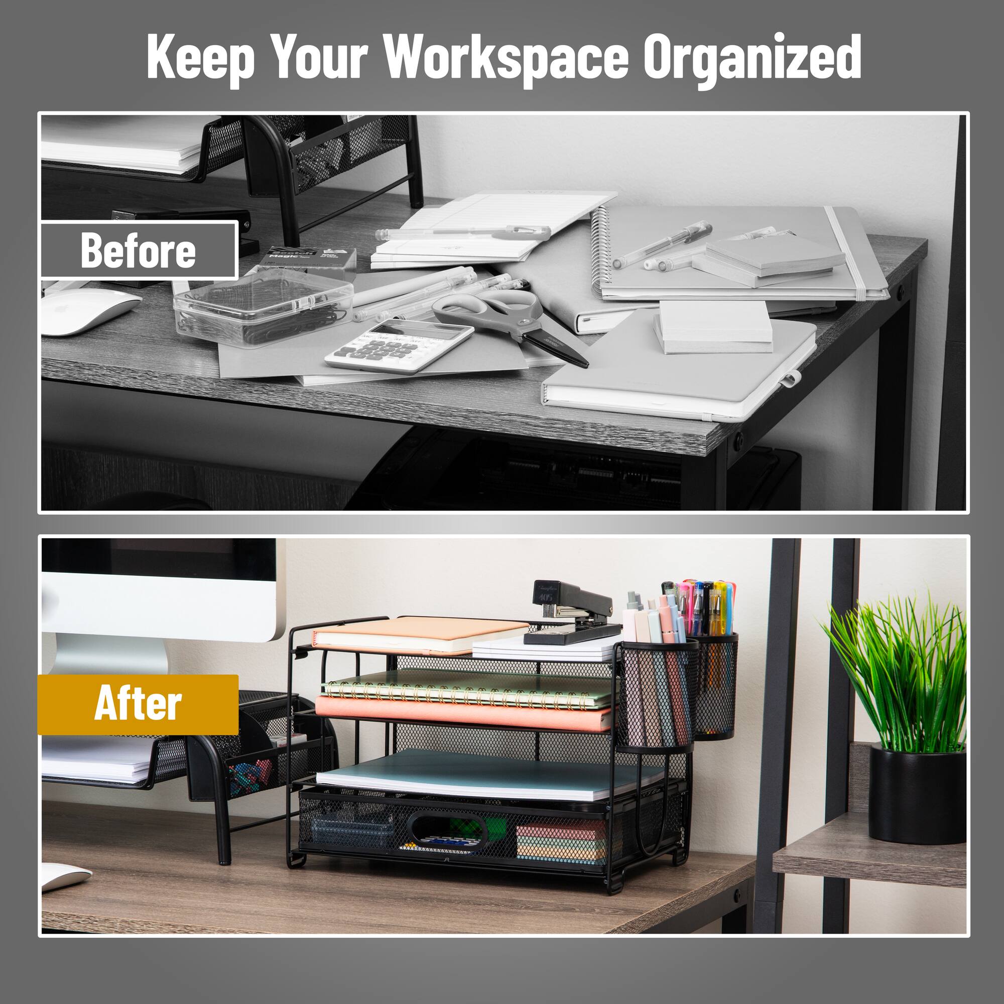 Mind Reader Mesh Desk Organizer, 3 Trays, 1 Drawer, 2 Pen Holders, Office Desktop Organizer, Metal Mesh